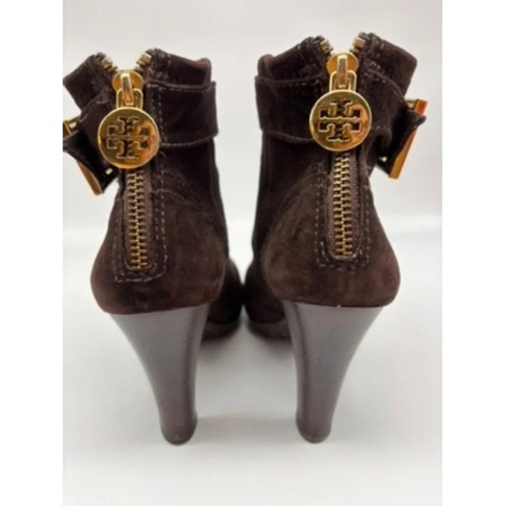 Tory Burch Ankle Boots Women‎ 6.5 Brown Suede Melrose Buckle Logo Back Zip Heel